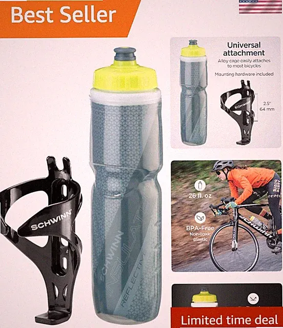 BPA-Free 26 oz Insulated Bike Water Bottle with Night Visibility Cage Combo